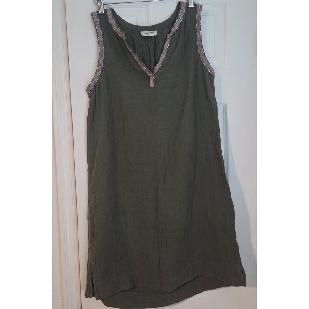 Lucky Brand Boho Embellished Shift Dress Sleeveless Cotton Green Mini Resort S